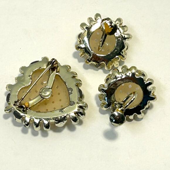 Vintage Faux Pearl Blue Rhinestone Heart Brooch Earring Set - Picture 2 of 6